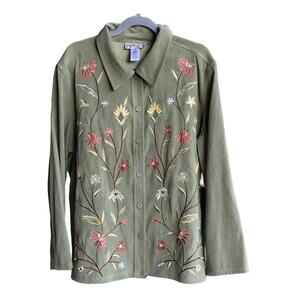 SUSAN GRAVER green floral embroidery long-sleeve shirt Women size 1x